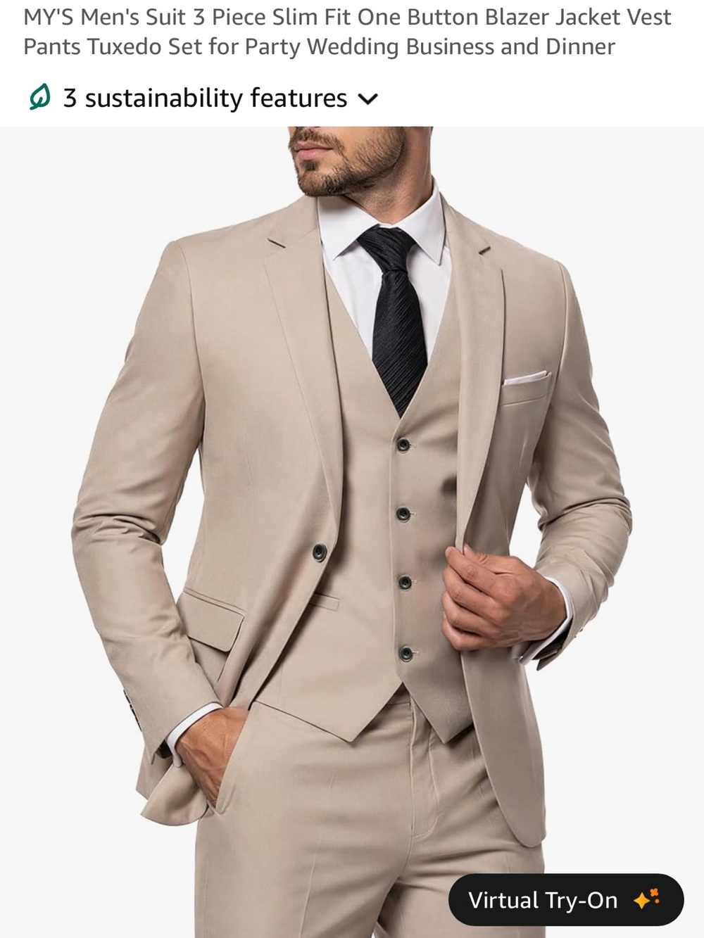 Amazon Men's Beige 3-Piece Slim Fit Suit - Blazer, Vest & Pants